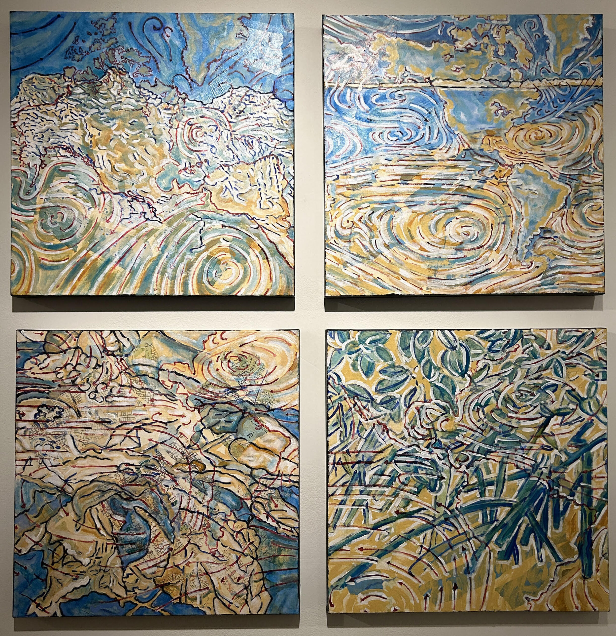 acrylic, collage on canvas, 18 x 18" each